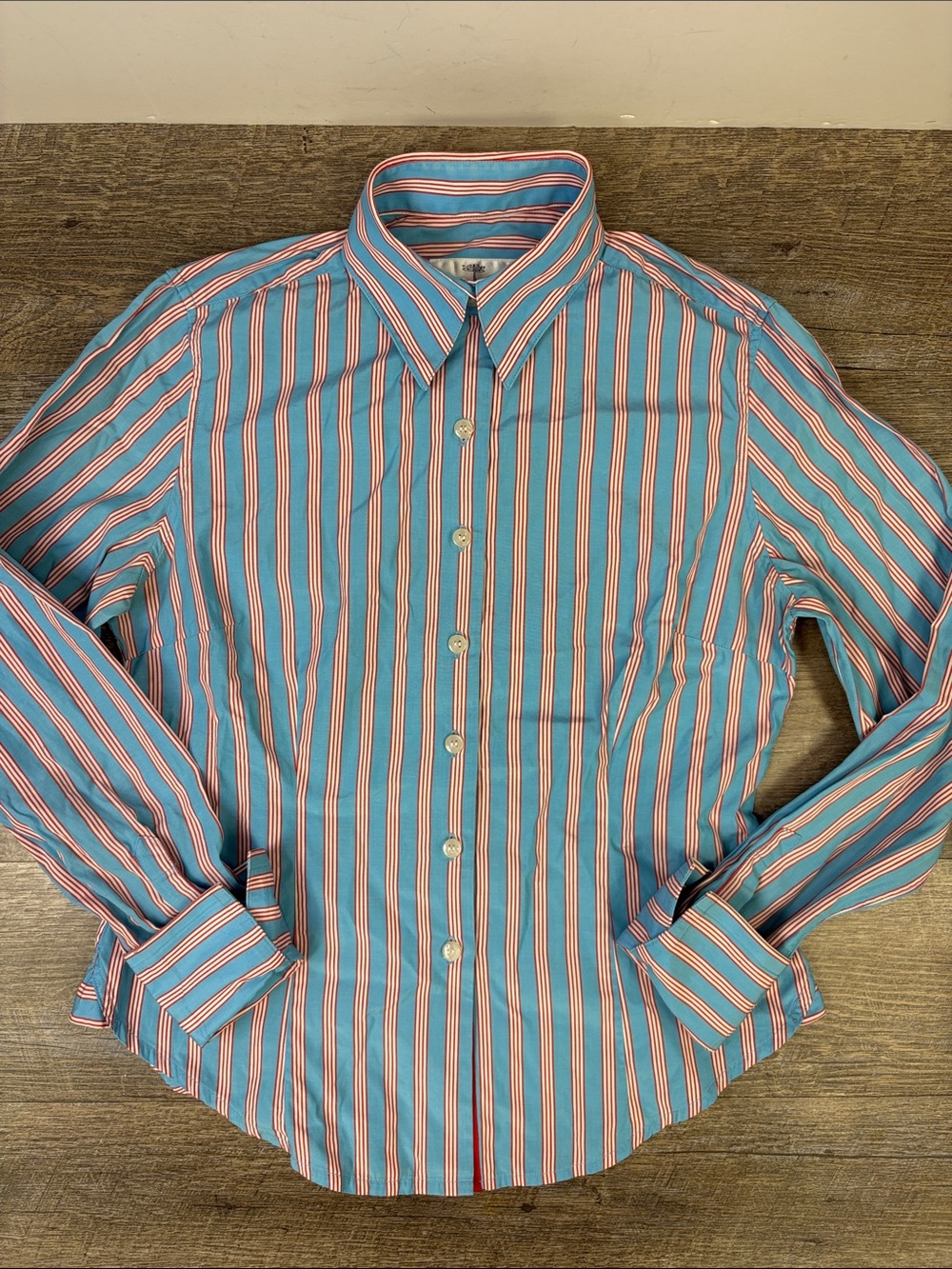 Andrea Becker Blue & Red Striped Button Front Blouse Vintage Inspired